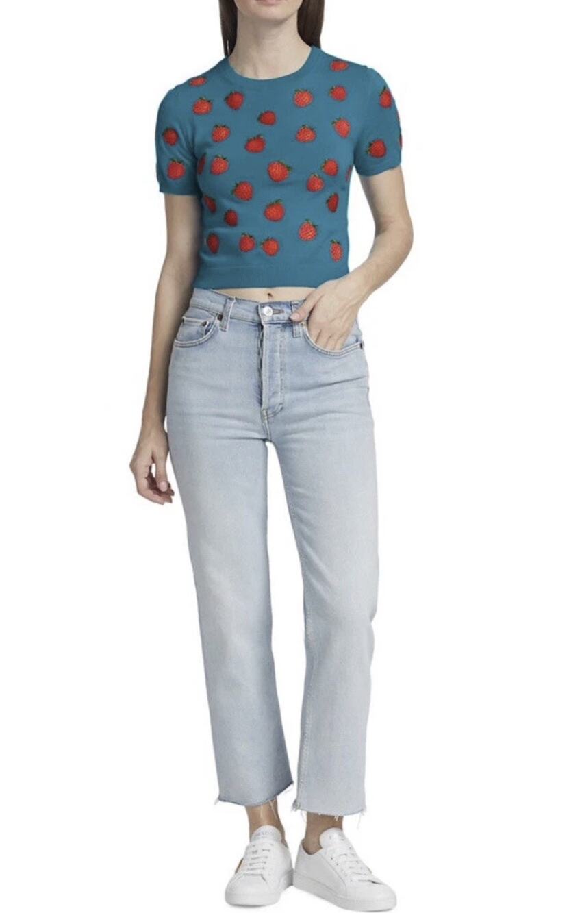 Alice + Olivia Ciara strawberry Blue top Sweater Size S NWOT
